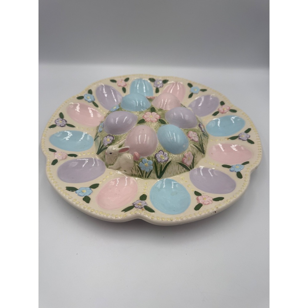 Easter Bunny Ceramic Deviled Egg‎ Platter Pastel Spring Floral Serving Tray 9.5"
